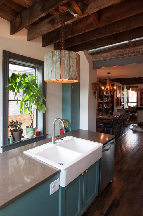 Over the Sink ( Range Lighting) Lighting with Quartzite Countertop and Turquoise Blue Cabinets